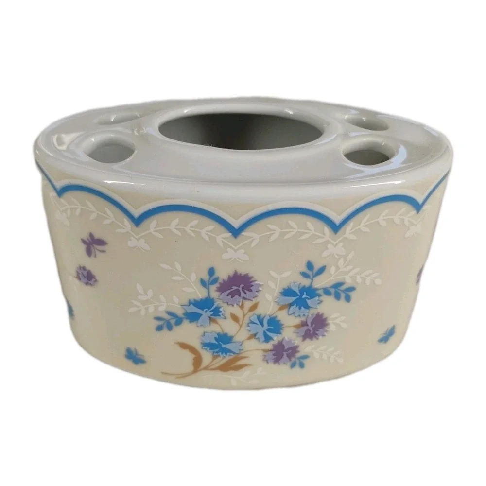 Vintage Royal Ames Japan Porcelain Toothbrush Holder‎ Flowers Butterflies Blue